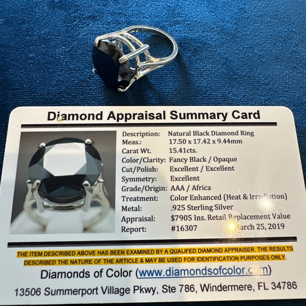 Authentic natural Black Diamond Ring 15.41 CTS. Appraisal value $7905.